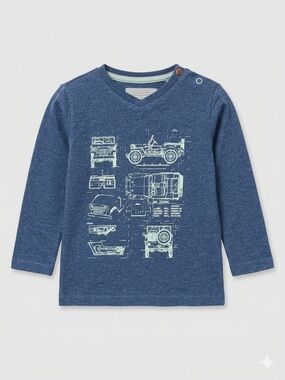 Noppies Navy Blue Long Sleeve Tee with Light Blue Vehicle Blueprint